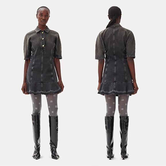 NWT Ganni Short Sleeves Collared Denim Washed Black Mini Dress Size: 10 - Picture 2 of 9